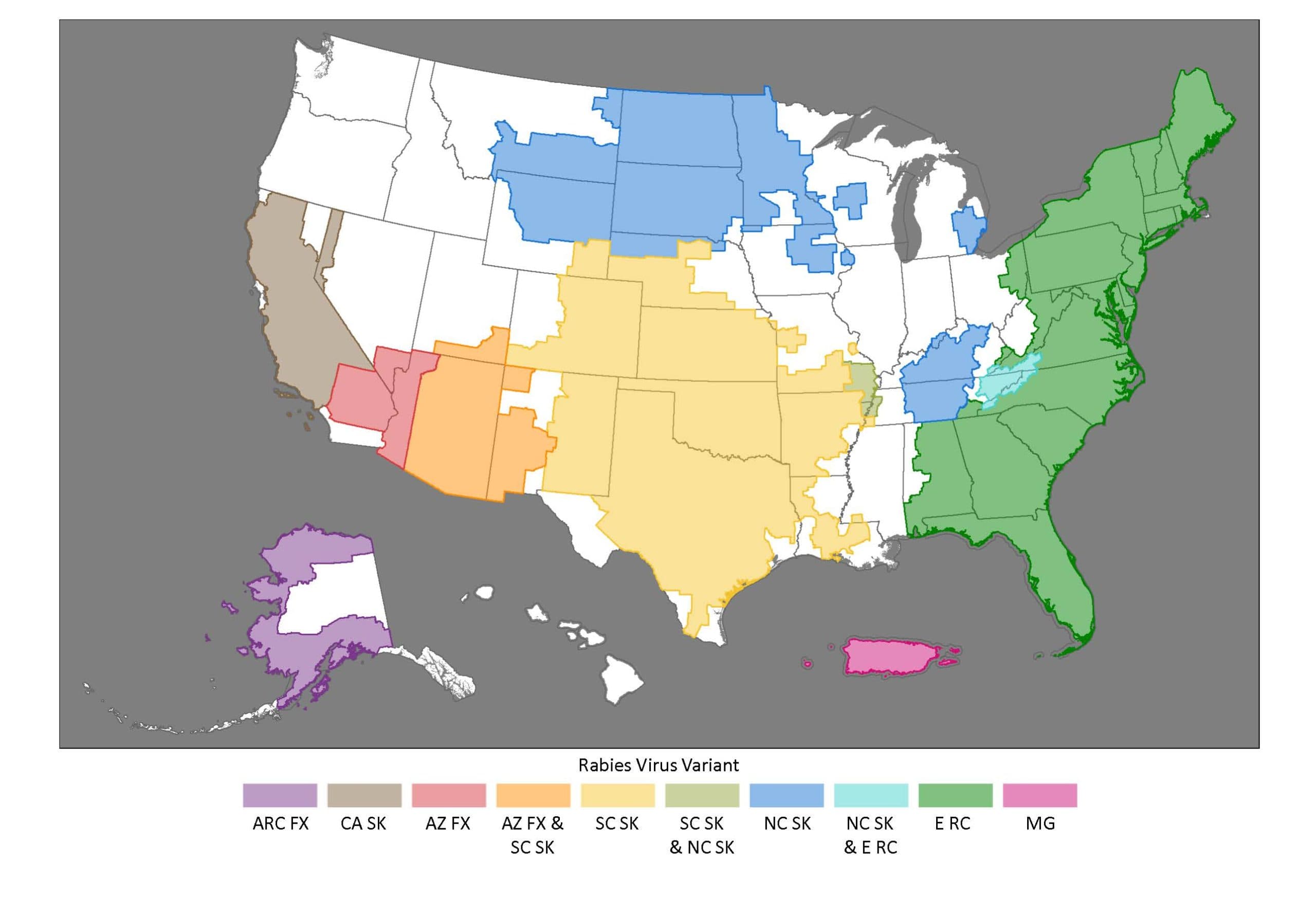 CDC map of land-animal rabies variant territories in the United States and Puerto Rico. Regional descriptions and the full text legend follow.